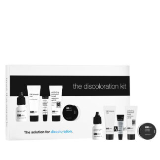 The discoloration kit by The Master of None, featuring multiple skincare products.