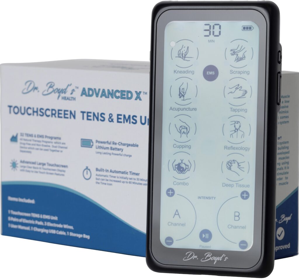Touchscreen TENS & EMS unit with packaging.